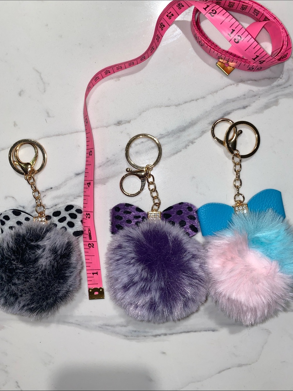 Kids Pom-Pom Bow Keychain Charm - Pastel Pink & Blue, Purple, Gray Options